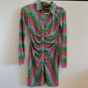 Brand New Zara Kelly Green and Pink Striped Ruched Knit Mini Shirtdress